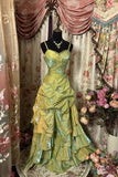 ??Fairytale Sage A-Line Mask Prom Dress Beaded Satin Evening Gown for Birthady&Graduation HZ1108