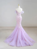 Mermaid Off-Shoulder Tulle Sequin Long Prom Dress Purple Formal Dress HZ1108