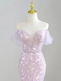 Mermaid Off-Shoulder Tulle Sequin Long Prom Dress Purple Formal Dress HZ1108
