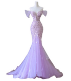 Mermaid Off-Shoulder Tulle Sequin Long Prom Dress Purple Formal Dress HZ1108