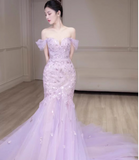 Mermaid Off-Shoulder Tulle Sequin Long Prom Dress Purple Formal Dress HZ1108