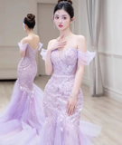 Mermaid Off-Shoulder Tulle Sequin Long Prom Dress Purple Formal Dress HZ1108