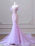 Mermaid Off-Shoulder Tulle Sequin Long Prom Dress Purple Formal Dress HZ1108