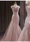 Pink Mermaid Strapless Tulle Sequined Long Prom Dress Sweet Wedding Dress HZ1108