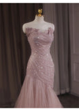 Pink Mermaid Strapless Tulle Sequined Long Prom Dress Sweet Wedding Dress HZ1108