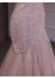 Pink Mermaid Strapless Tulle Sequined Long Prom Dress Sweet Wedding Dress HZ1108