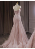 Pink Mermaid Strapless Tulle Sequined Long Prom Dress Sweet Wedding Dress HZ1108