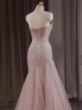 Pink Mermaid Strapless Tulle Sequined Long Prom Dress Sweet Wedding Dress HZ1108
