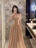 Gentle style pleated waist dress with suspenders HZ1108