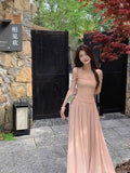 Gentle style pleated waist dress with suspenders HZ1108