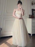 Off-White A-Line Spaghetti Strap Tulle Prom Dress Birthday Dress HZ1108