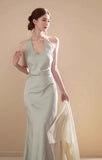 French Satin Mermaid V-Neck Halter Dress HZ1108