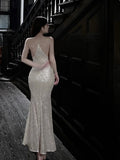 Silver Mermaid Spaghetti Strap Sequin Prom Dress Shimmer Evening Gown HZ1108
