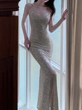 Silver Mermaid Spaghetti Strap Sequin Prom Dress Shimmer Evening Gown HZ1108