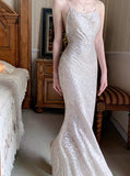 Silver Mermaid Spaghetti Strap Sequin Prom Dress Shimmer Evening Gown HZ1108