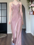 Elegant Spaghetti Strap Bodycon Dress V Neck Glitter Silk Prom Dress HZ1108