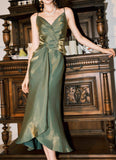 Green Bodycon Dress Spaghetti Strap V-Neck Chiffon Satin Sleeveless Prom Dress HZ1108