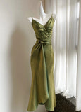 Green Bodycon Dress Spaghetti Strap V-Neck Chiffon Satin Sleeveless Prom Dress HZ1108