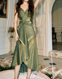 Green Bodycon Dress Spaghetti Strap V-Neck Chiffon Satin Sleeveless Prom Dress HZ1108