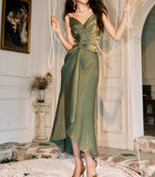 Green Bodycon Dress Spaghetti Strap V-Neck Chiffon Satin Sleeveless Prom Dress HZ1108