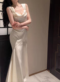 Elegant White Mermaid Square Neck Satin Prom Dress Birthday Dress HZ1108