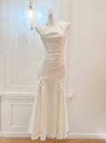 Elegant White Mermaid Square Neck Satin Prom Dress Birthday Dress HZ1108