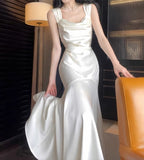 Elegant White Mermaid Square Neck Satin Prom Dress Birthday Dress HZ1108