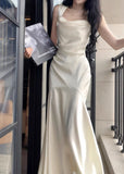 Elegant White Mermaid Square Neck Satin Prom Dress Birthday Dress HZ1108