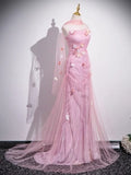 Pink Mermaid Strapless Tulle 3D Applique Long Prom Dress Sweet Wedding Dress HZ1108
