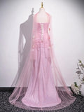 Pink Mermaid Strapless Tulle 3D Applique Long Prom Dress Sweet Wedding Dress HZ1108