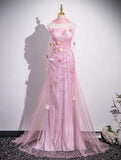 Pink Mermaid Strapless Tulle 3D Applique Long Prom Dress Sweet Wedding Dress HZ1108