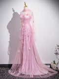 Pink Mermaid Strapless Tulle 3D Applique Long Prom Dress Sweet Wedding Dress HZ1108