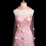 Pink Mermaid Strapless Tulle 3D Applique Long Prom Dress Sweet Wedding Dress HZ1108