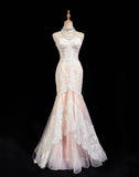 Light Pink Strapless Mermaid Tulle Lace Long Prom Dress Sweetheart Neckline Formal Dress HZ1108