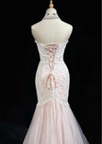 Light Pink Strapless Mermaid Tulle Lace Long Prom Dress Sweetheart Neckline Formal Dress HZ1108
