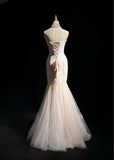 Light Pink Strapless Mermaid Tulle Lace Long Prom Dress Sweetheart Neckline Formal Dress HZ1108