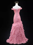 Pink Mermaid Off-the-shoulder Tulle Long Prom Dress Adult Ceremony Dress HZ1108