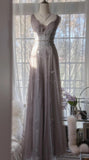 Gray Purple A-Line V Neck Tulle Lace Long Prom Dress Gorgeous Evening Dress HZ1108