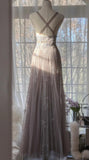 Gray Purple A-Line V Neck Tulle Lace Long Prom Dress Gorgeous Evening Dress HZ1108