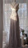 Gray Purple A-Line V Neck Tulle Lace Long Prom Dress Gorgeous Evening Dress HZ1108