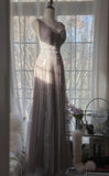 Gray Purple A-Line V Neck Tulle Lace Long Prom Dress Gorgeous Evening Dress HZ1108