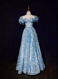 Blue A-Line Sweetheart Neck Tulle Sequin Long Prom Dress Exquisite Birthday Dress HZ1108