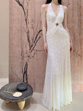 White Mermaid V-neck Velvet Chiffon Prom Dress HZ1108