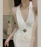 White Mermaid V-neck Velvet Chiffon Prom Dress HZ1108