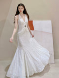 White Mermaid V-neck Velvet Chiffon Prom Dress HZ1108