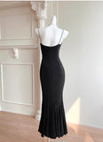 Elegant Spaghetti Strap Black Mermaid Backless Prom Dress HZ1108