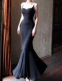 Elegant Spaghetti Strap Black Mermaid Backless Prom Dress HZ1108