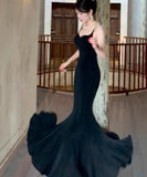 Elegant Spaghetti Strap Black Mermaid Backless Prom Dress HZ1108