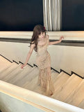 Flesh Pink Spaghetti Strap Mermaid Tulle Sequined Prom Dress Birthday Dress HZ1108