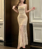 Flesh Pink Spaghetti Strap Mermaid Tulle Sequined Prom Dress Birthday Dress HZ1108